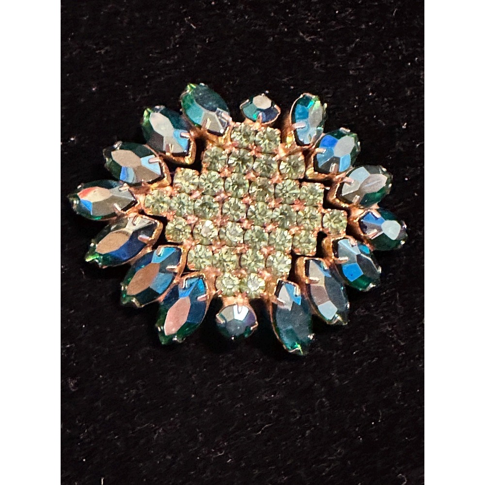 Vintage Rhinestone Brooch Peacock Blue & Peridot Green